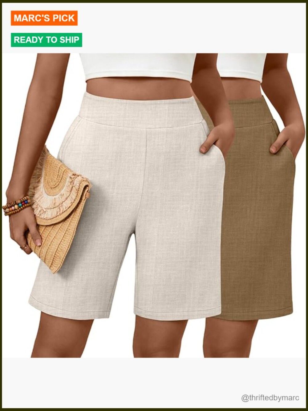 2 Pack Linen Bermuda Shorts Wide Leg Elastic Waist Pockets Casual Summer